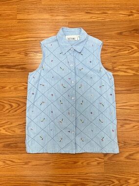 Vintage Sleeveless Blue Top, Embroidered Flowers, Small, Casey & Max, Cotton